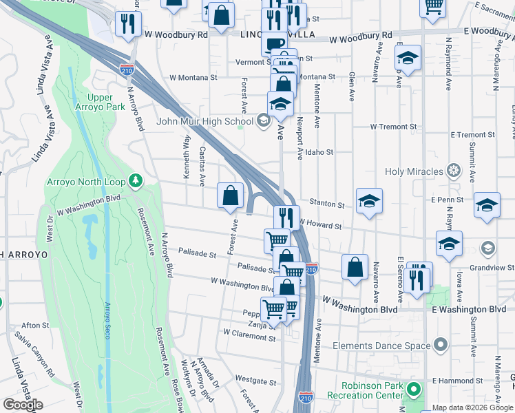 map of restaurants, bars, coffee shops, grocery stores, and more near 1625 Bancroft Way in Pasadena