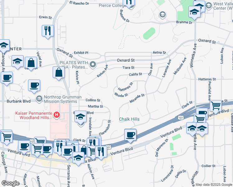map of restaurants, bars, coffee shops, grocery stores, and more near 20551 Rhoda Street in Los Angeles