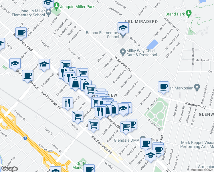 map of restaurants, bars, coffee shops, grocery stores, and more near 1738 Glenwood Road in Glendale