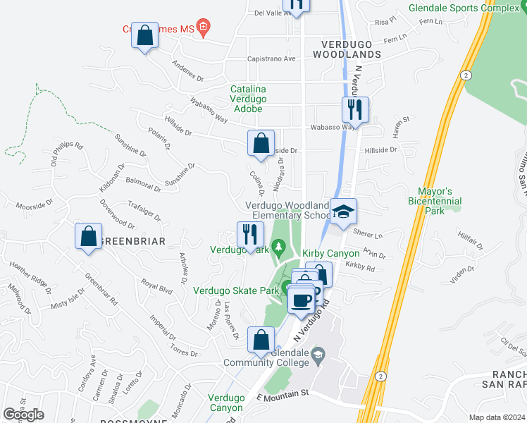 map of restaurants, bars, coffee shops, grocery stores, and more near 1550 Sunshine Drive in Glendale
