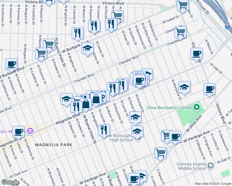 map of restaurants, bars, coffee shops, grocery stores, and more near 617 North Lamer Street in Burbank