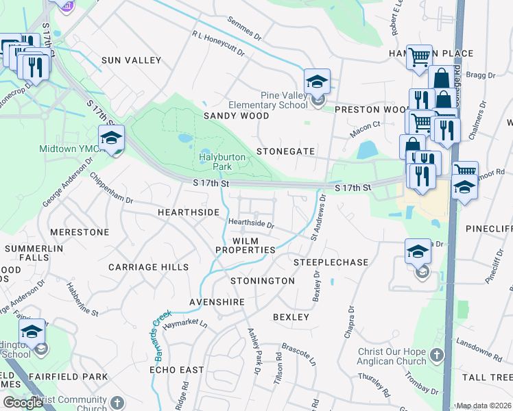 map of restaurants, bars, coffee shops, grocery stores, and more near 4129 Hearthside Drive in Wilmington
