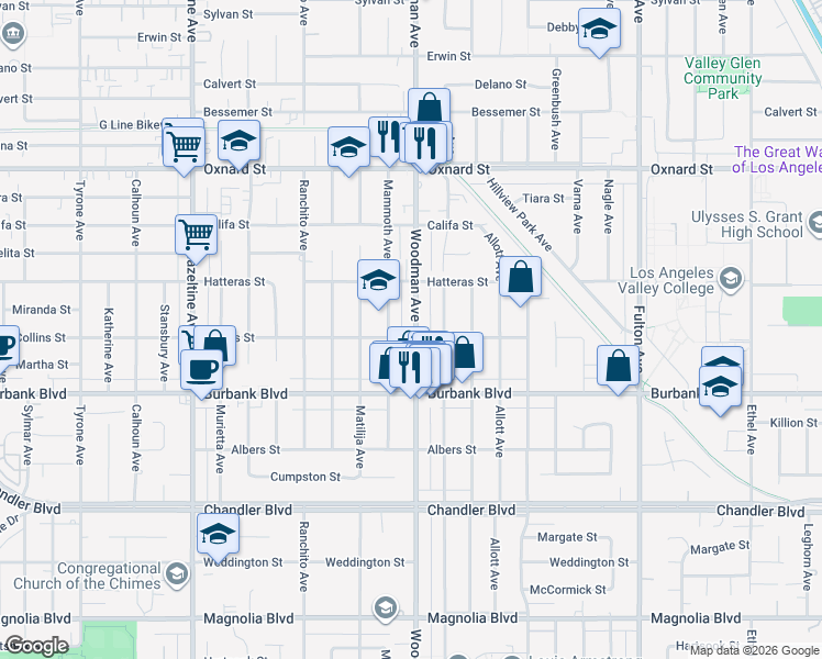 map of restaurants, bars, coffee shops, grocery stores, and more near 5713 Woodman Avenue in Los Angeles