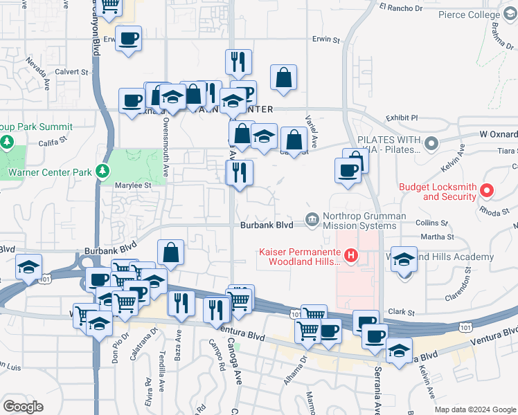 map of restaurants, bars, coffee shops, grocery stores, and more near 21301 Burbank Boulevard in Los Angeles
