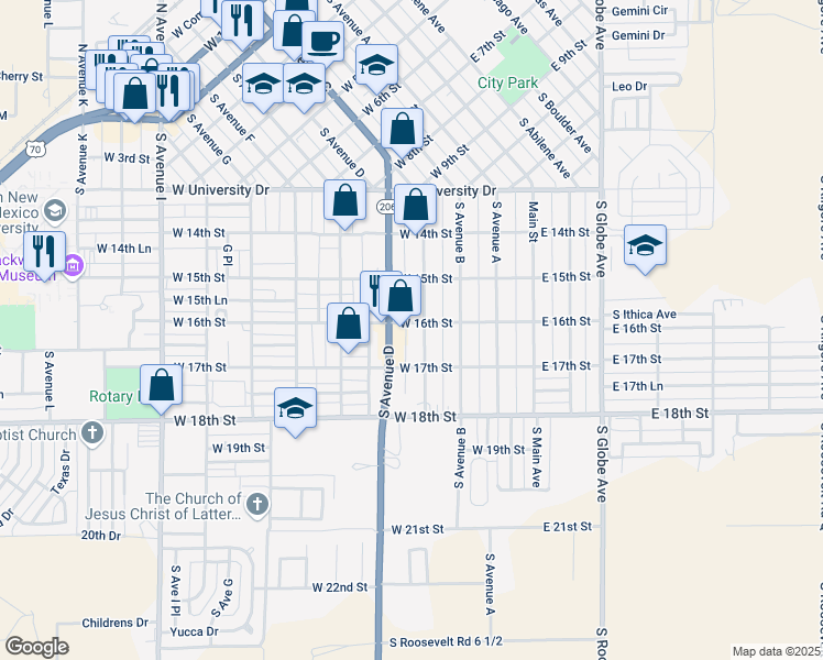 map of restaurants, bars, coffee shops, grocery stores, and more near 400-448 West 16th Street in Portales