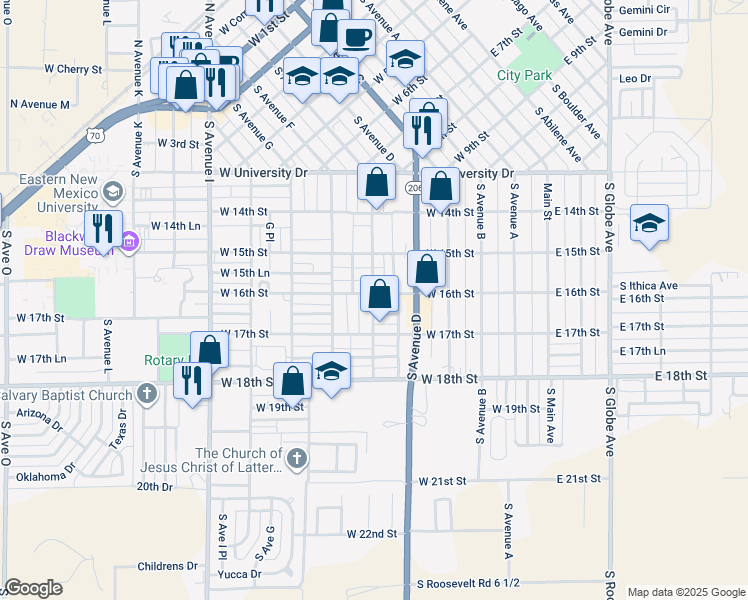 map of restaurants, bars, coffee shops, grocery stores, and more near 1600 South Avenue D in Portales