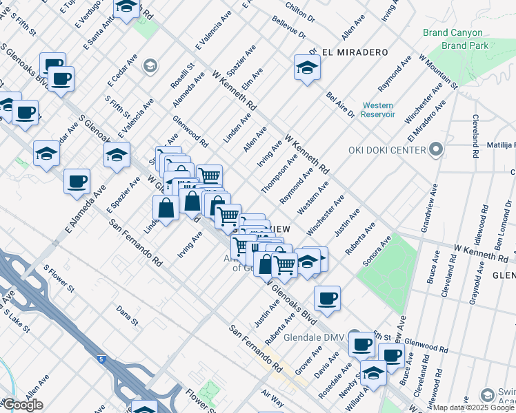 map of restaurants, bars, coffee shops, grocery stores, and more near 1165 Thompson Avenue in Glendale
