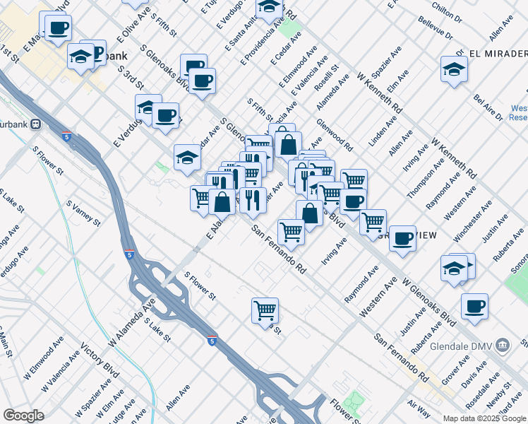 map of restaurants, bars, coffee shops, grocery stores, and more near 1034 Spazier Avenue in Glendale