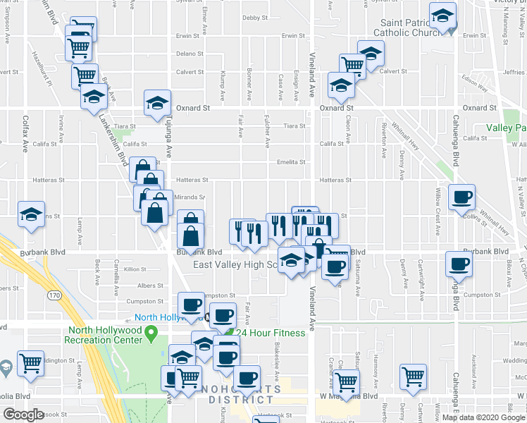 map of restaurants, bars, coffee shops, grocery stores, and more near 5724 Fair Avenue in Los Angeles
