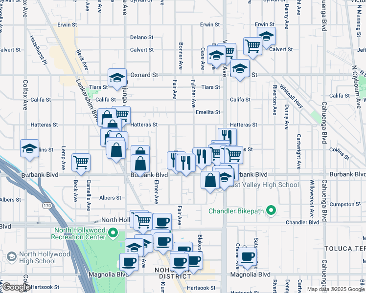 map of restaurants, bars, coffee shops, grocery stores, and more near 5724 Fair Avenue in Los Angeles