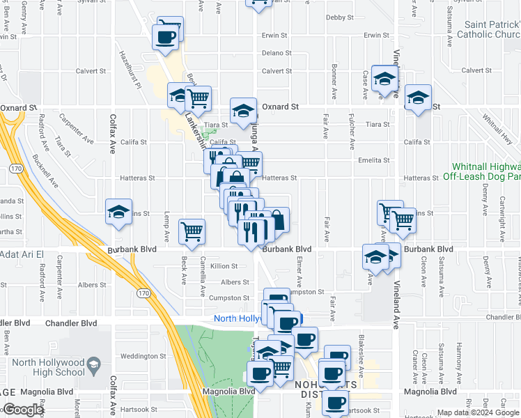 map of restaurants, bars, coffee shops, grocery stores, and more near 11342 Miranda Street in Los Angeles