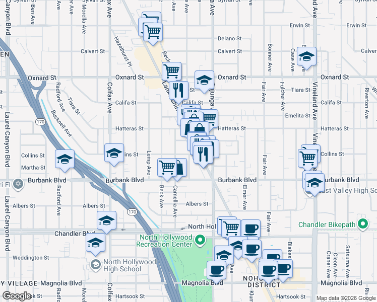 map of restaurants, bars, coffee shops, grocery stores, and more near 11475 Collins Street in Los Angeles