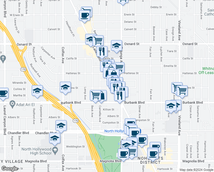 map of restaurants, bars, coffee shops, grocery stores, and more near 11475 Collins Street in Los Angeles