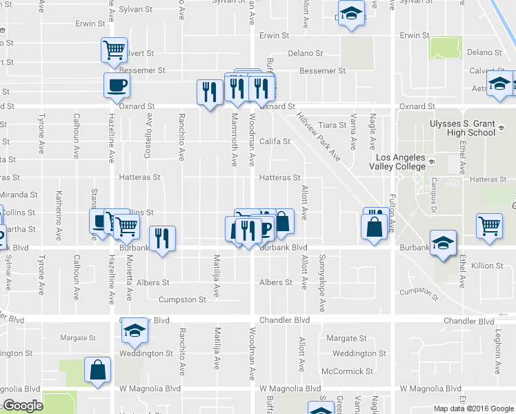 map of restaurants, bars, coffee shops, grocery stores, and more near 5718 Woodman Avenue in Los Angeles