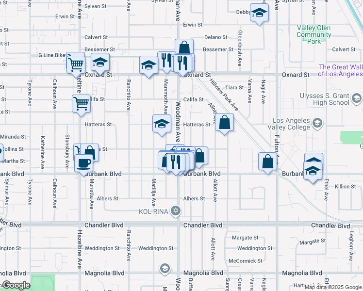 map of restaurants, bars, coffee shops, grocery stores, and more near 5718 Woodman Avenue in Los Angeles