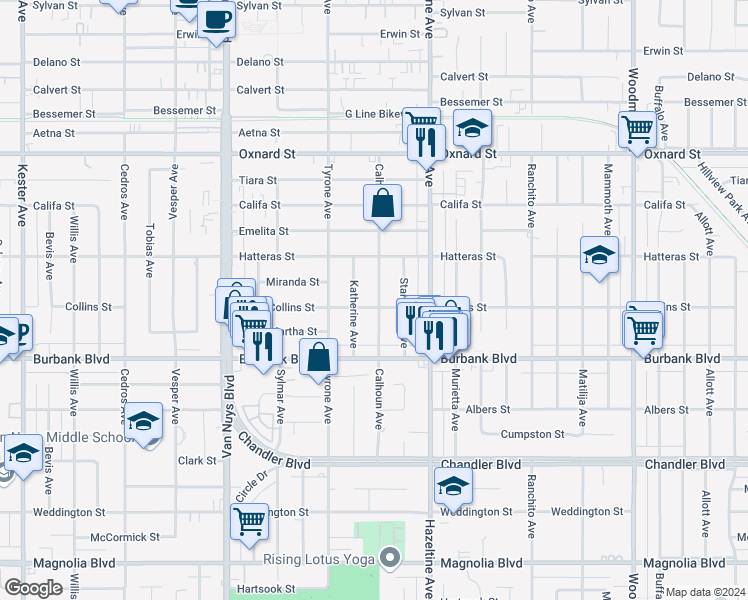 map of restaurants, bars, coffee shops, grocery stores, and more near 14205 Collins Street in Los Angeles