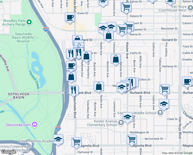 map of restaurants, bars, coffee shops, grocery stores, and more near 5718 Burnet Avenue in Los Angeles