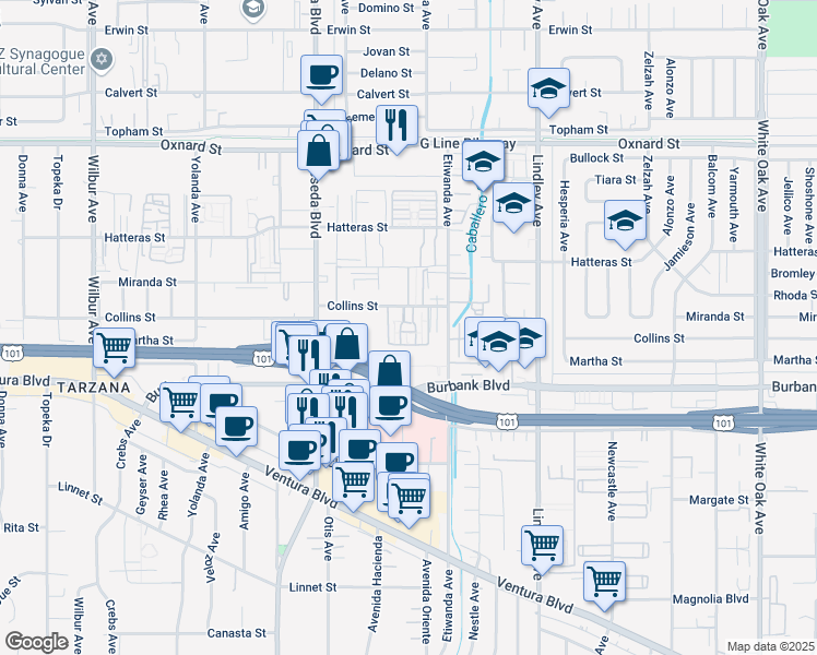 map of restaurants, bars, coffee shops, grocery stores, and more near 18366 Collins Street in Los Angeles