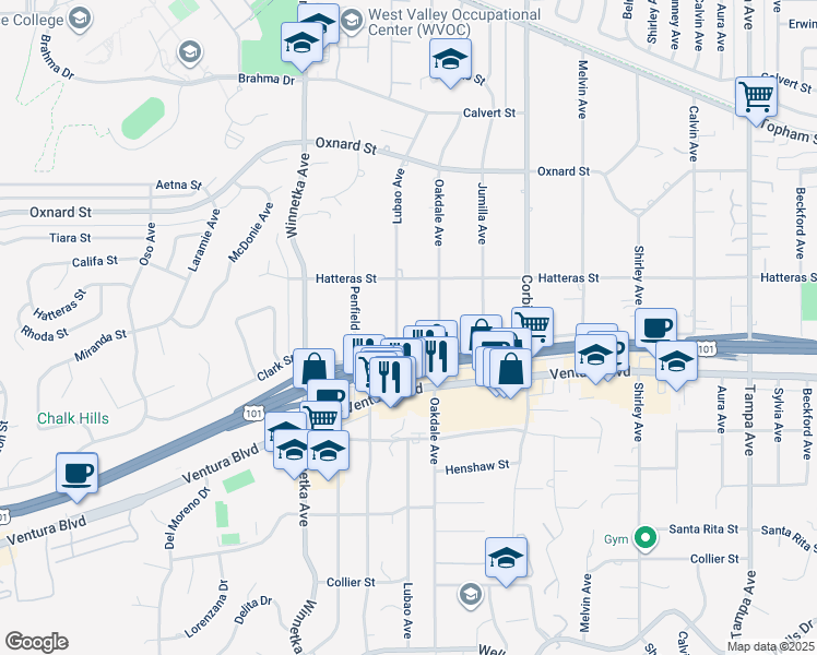 map of restaurants, bars, coffee shops, grocery stores, and more near 5701 Lubao Avenue in Los Angeles