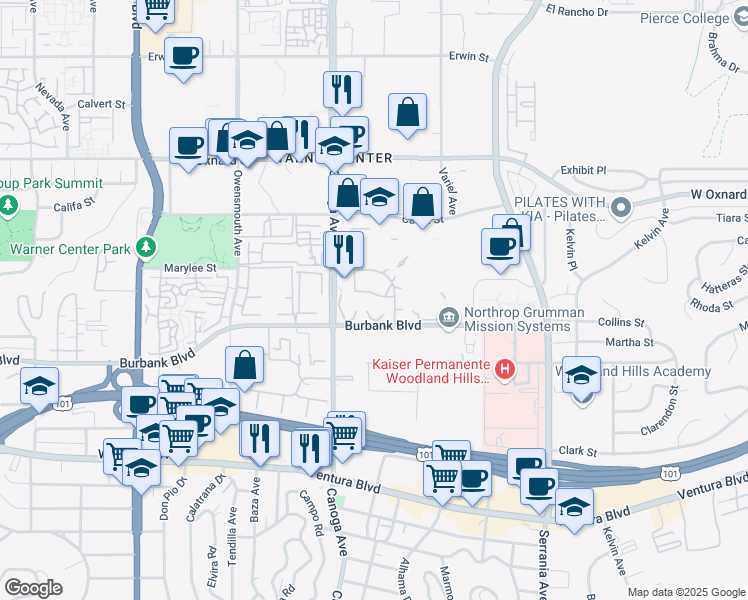 map of restaurants, bars, coffee shops, grocery stores, and more near 21301 Burbank Boulevard in Los Angeles