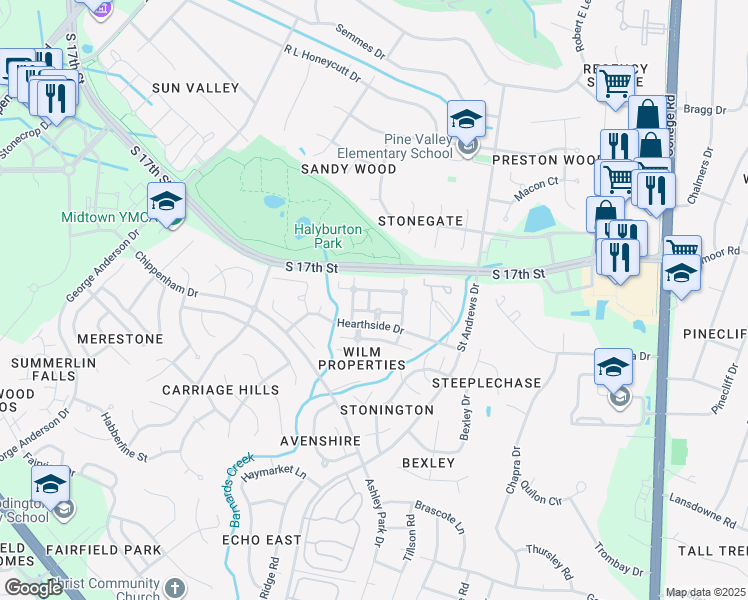 map of restaurants, bars, coffee shops, grocery stores, and more near 4133 Hearthside Drive in Wilmington