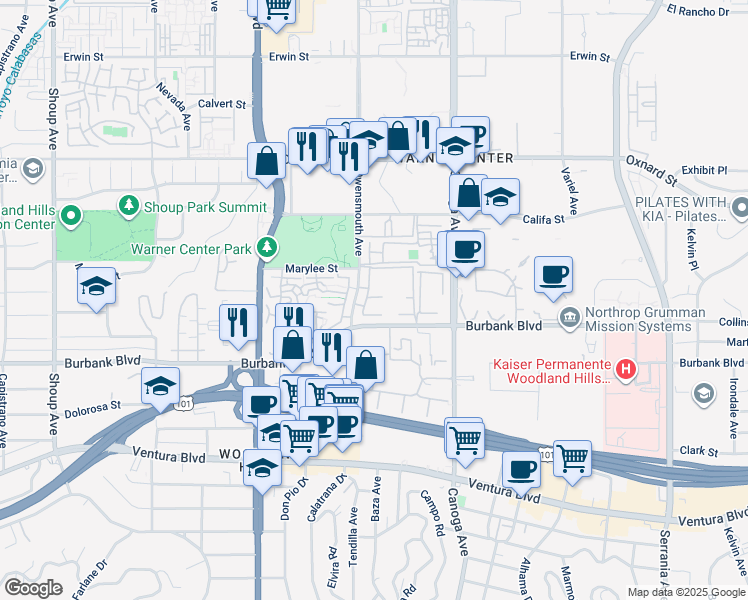 map of restaurants, bars, coffee shops, grocery stores, and more near 5720 Owensmouth Avenue in Los Angeles