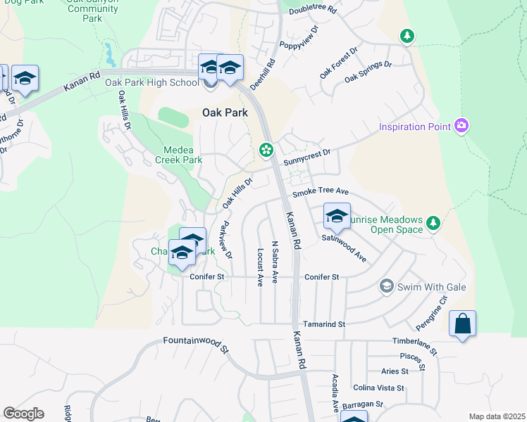 map of restaurants, bars, coffee shops, grocery stores, and more near 315 North Sabra Avenue in Oak Park