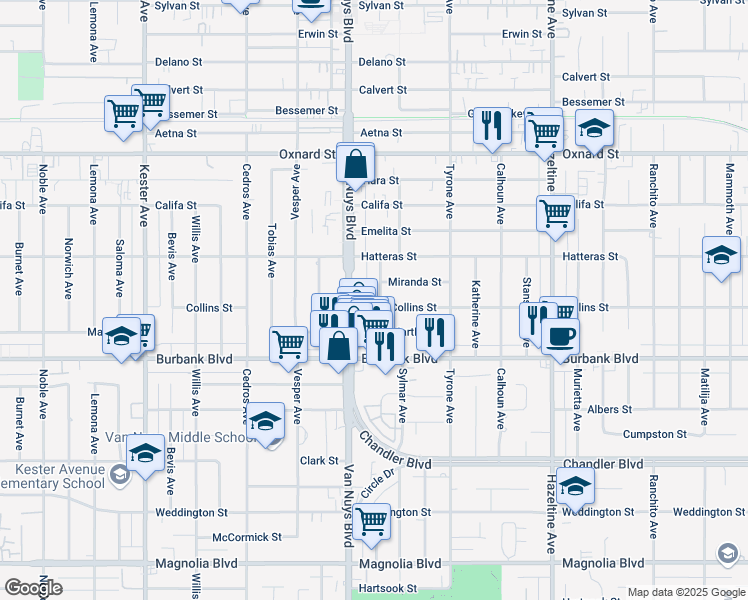 map of restaurants, bars, coffee shops, grocery stores, and more near 5719 Tilden Avenue in Los Angeles