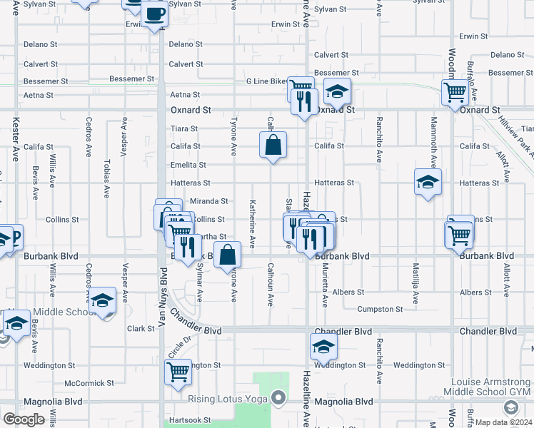 map of restaurants, bars, coffee shops, grocery stores, and more near 14205 Collins Street in Los Angeles