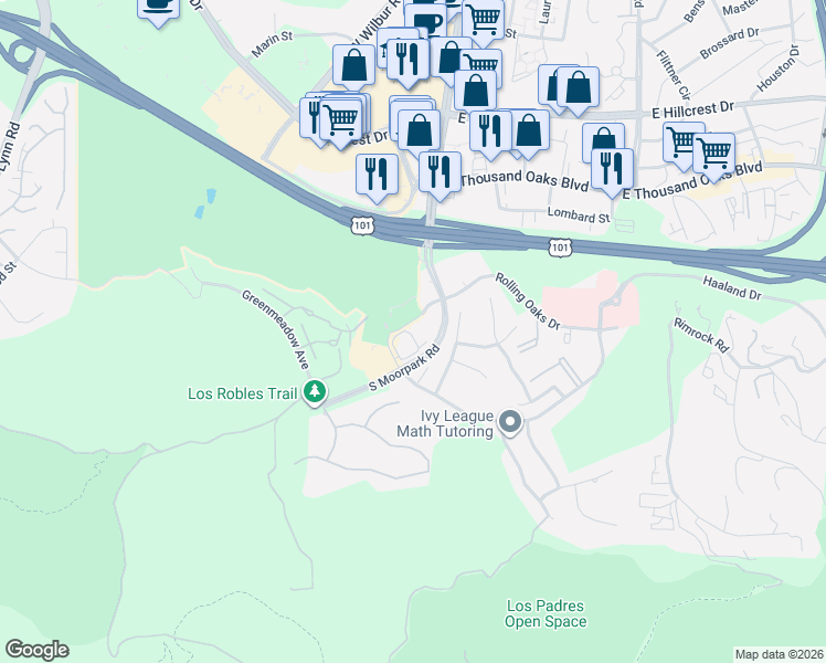 map of restaurants, bars, coffee shops, grocery stores, and more near 299 South Moorpark Road in Thousand Oaks