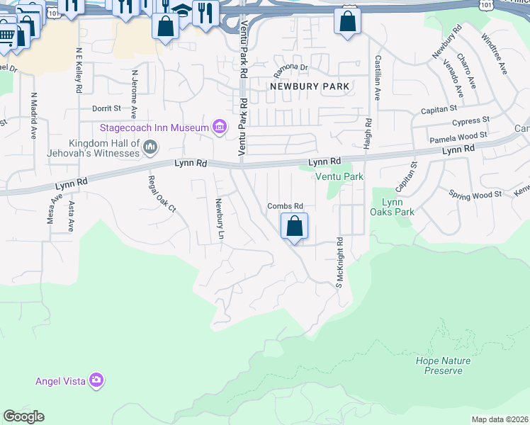 map of restaurants, bars, coffee shops, grocery stores, and more near 215 Pepper Road in Thousand Oaks