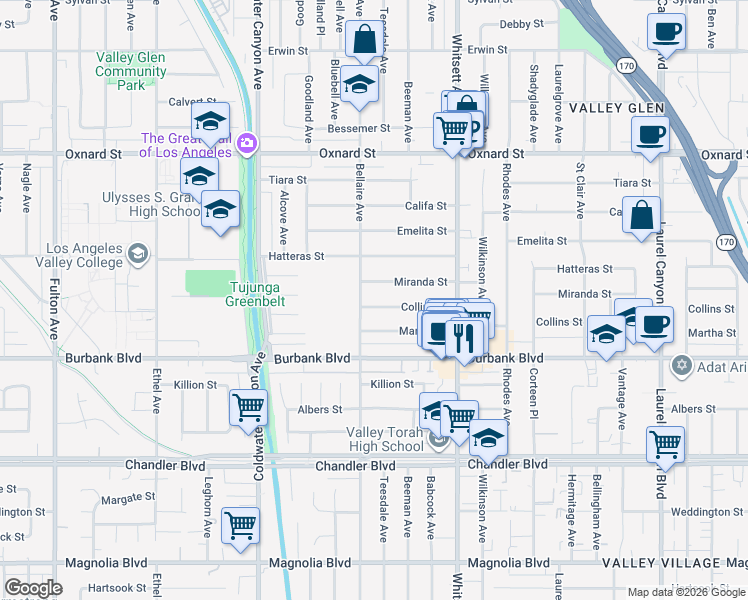 map of restaurants, bars, coffee shops, grocery stores, and more near 12643 Collins Street in Los Angeles