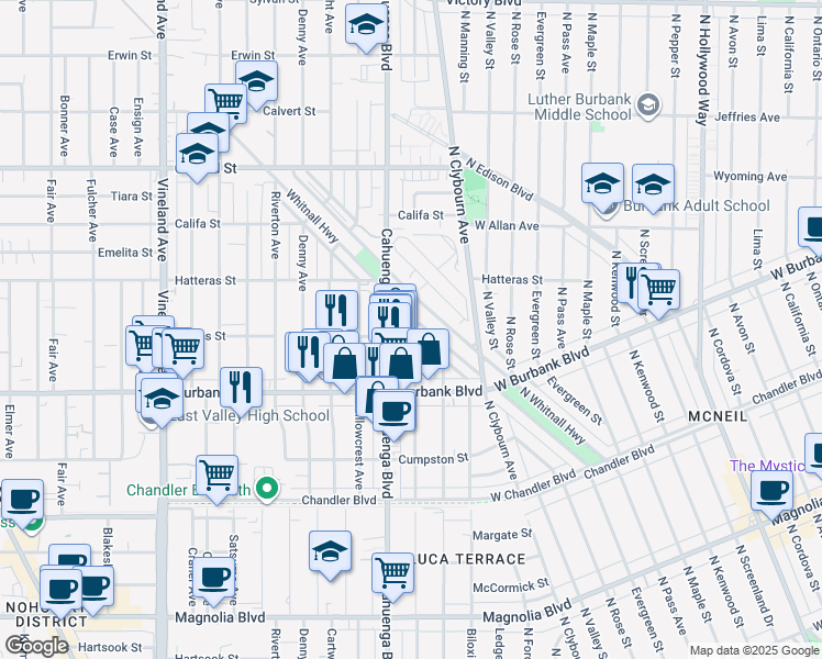 map of restaurants, bars, coffee shops, grocery stores, and more near 5707 Auckland Avenue in Los Angeles