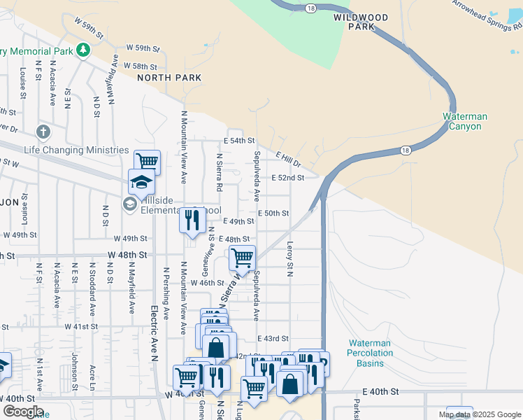 map of restaurants, bars, coffee shops, grocery stores, and more near 5009 Sepulveda Avenue in San Bernardino