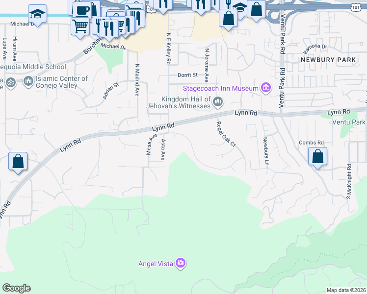 map of restaurants, bars, coffee shops, grocery stores, and more near 1826 Crystal View Circle in Thousand Oaks