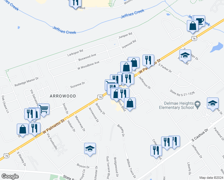 map of restaurants, bars, coffee shops, grocery stores, and more near 2903 West Palmetto Street in Florence