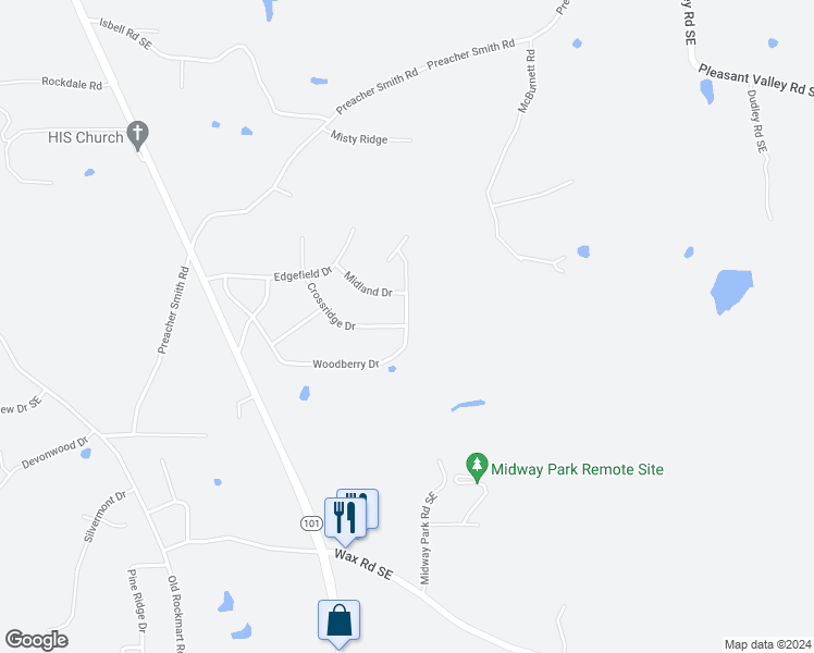 map of restaurants, bars, coffee shops, grocery stores, and more near Woodberry Dr & Crossridge Dr SE in Silver Creek