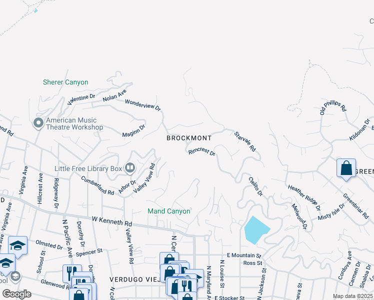 map of restaurants, bars, coffee shops, grocery stores, and more near 1961 Rimcrest Drive in Glendale