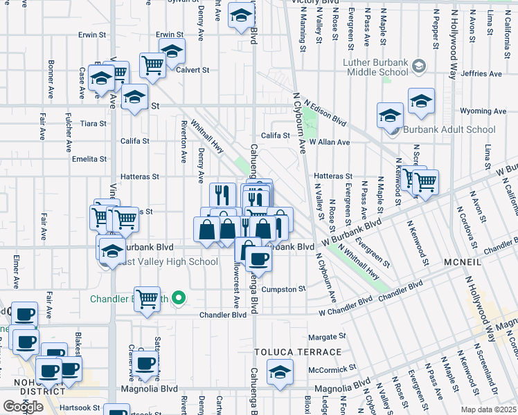 map of restaurants, bars, coffee shops, grocery stores, and more near 5721 Cahuenga Boulevard in Los Angeles
