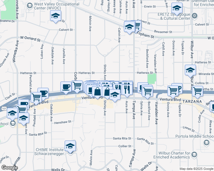 map of restaurants, bars, coffee shops, grocery stores, and more near 19455 Martha Street in Los Angeles