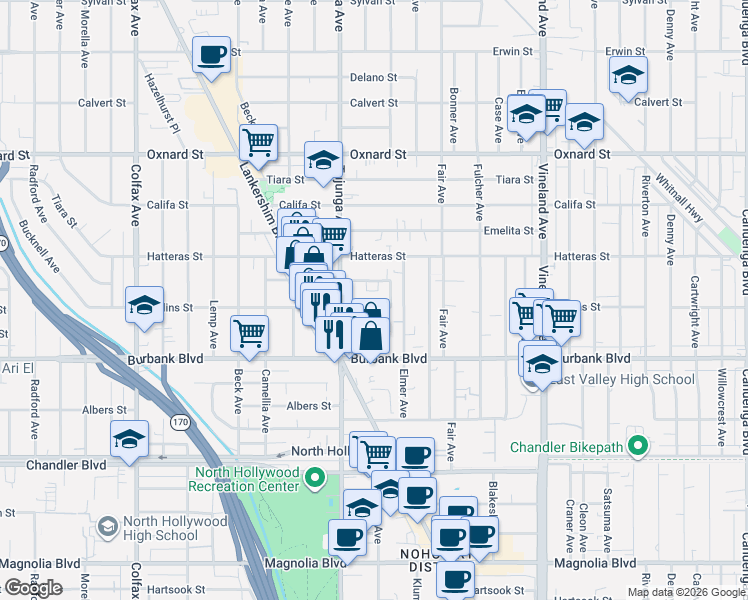 map of restaurants, bars, coffee shops, grocery stores, and more near 11300 Miranda Street in Los Angeles