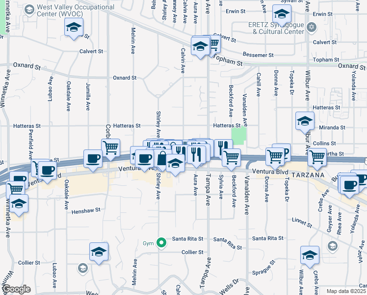 map of restaurants, bars, coffee shops, grocery stores, and more near 5648 Calvin Avenue in Los Angeles