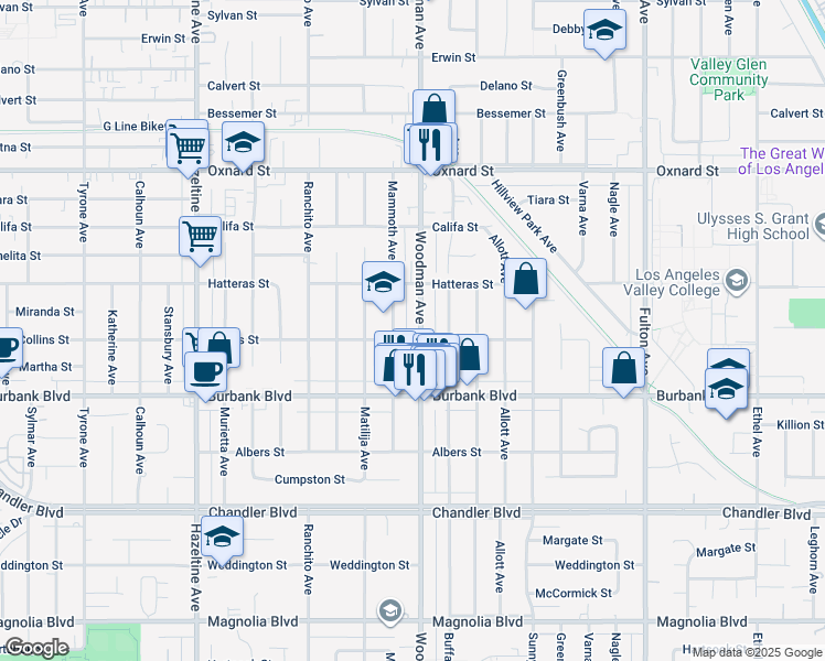 map of restaurants, bars, coffee shops, grocery stores, and more near 5713 Woodman Avenue in Los Angeles