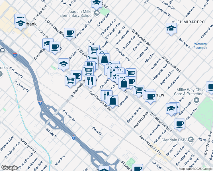 map of restaurants, bars, coffee shops, grocery stores, and more near 1060 Elm Avenue in Glendale