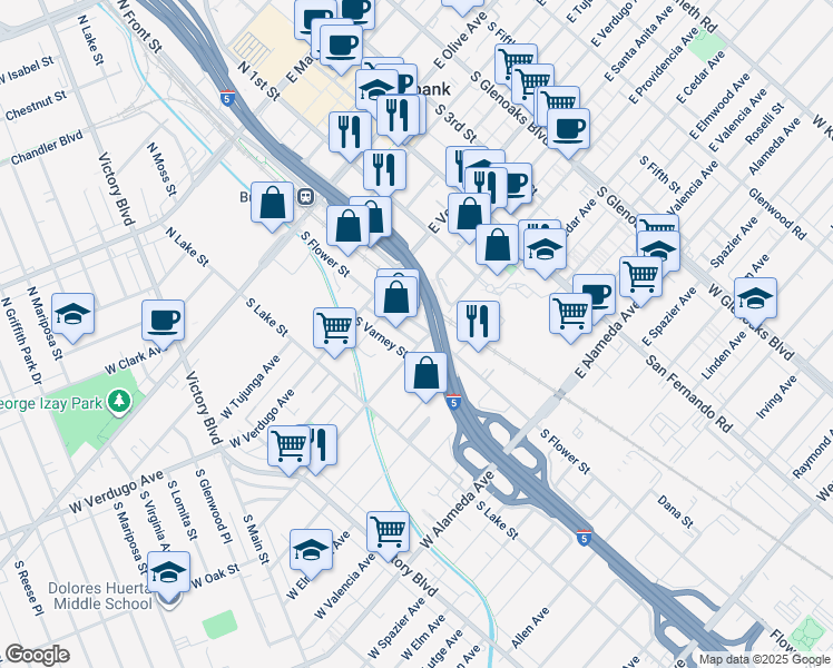 map of restaurants, bars, coffee shops, grocery stores, and more near 505 South Flower Street in Burbank