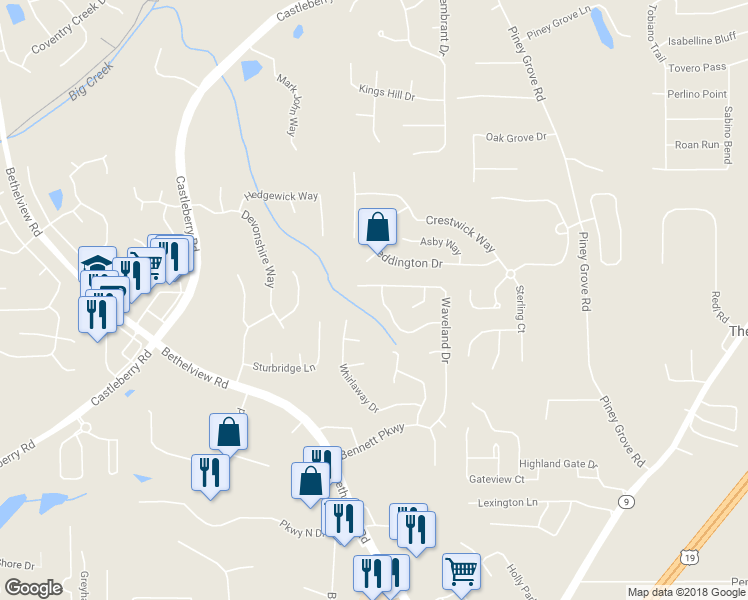 map of restaurants, bars, coffee shops, grocery stores, and more near 6685 Cold Stream Drive in Cumming