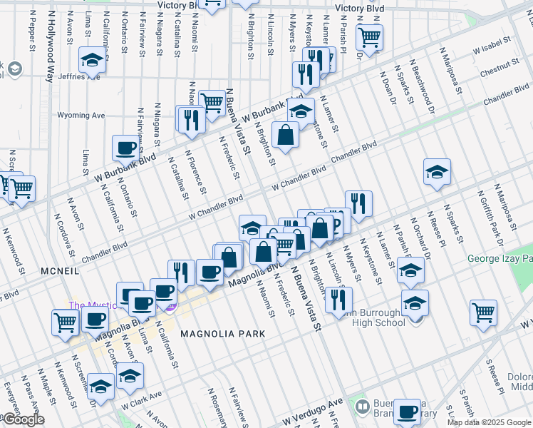 map of restaurants, bars, coffee shops, grocery stores, and more near 919 North Buena Vista Street in Burbank