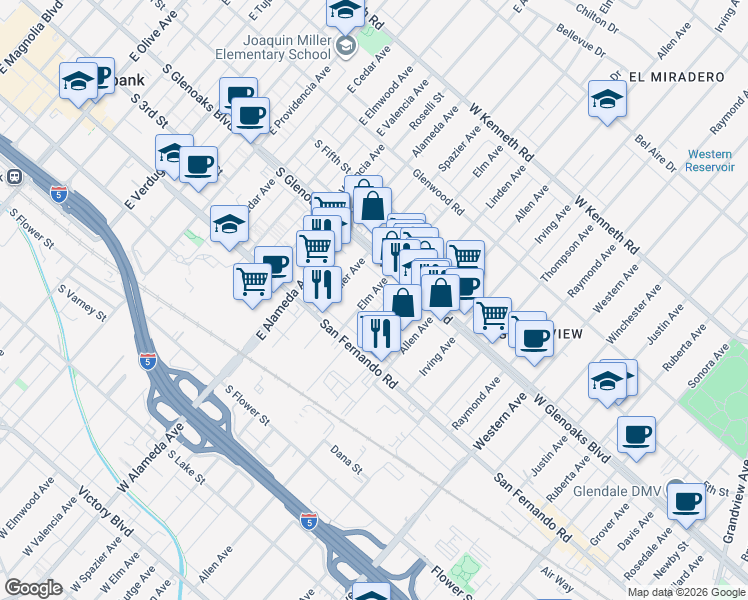 map of restaurants, bars, coffee shops, grocery stores, and more near 1048 Elm Avenue in Glendale