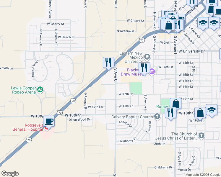map of restaurants, bars, coffee shops, grocery stores, and more near 1600 South Avenue O in Portales