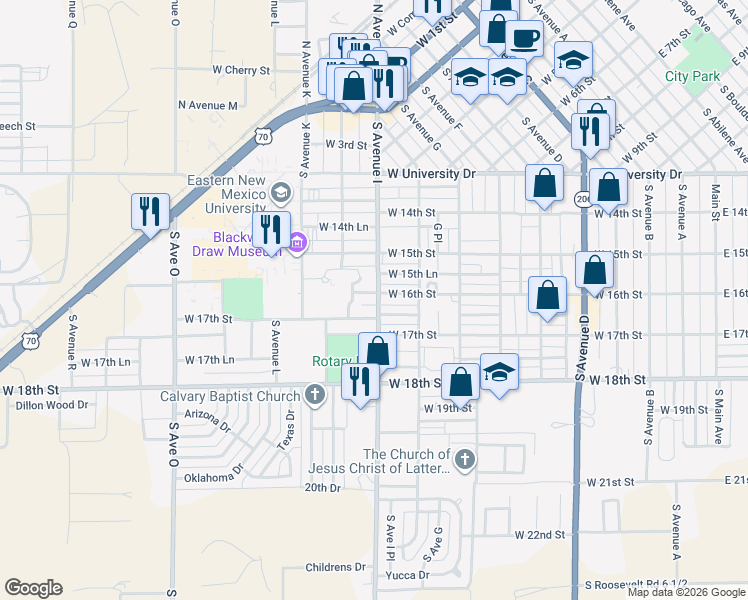map of restaurants, bars, coffee shops, grocery stores, and more near 925 West 16th Street in Portales